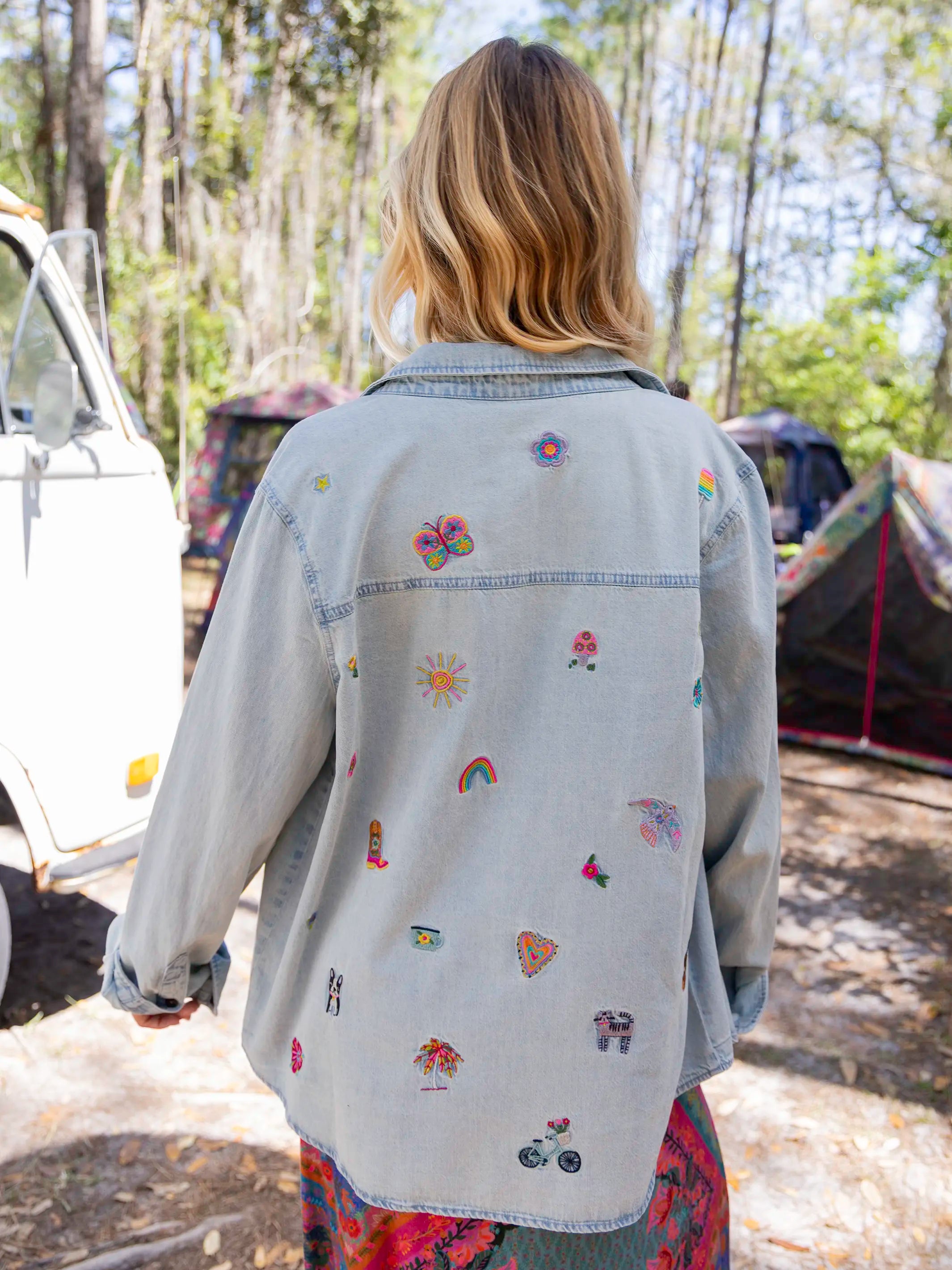 Fave Little Things Embroidered Shirt - Light Wash Denim